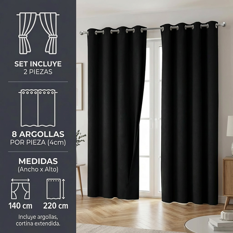 Cortina Blackout 280x220 cm Negra Textura Lino – 2 Paños – 100% Antiluz