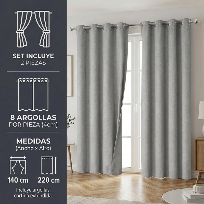 Cortina Blackout 280x220 cm Gris Textura Lino – 2 Paños – 100% Antiluz