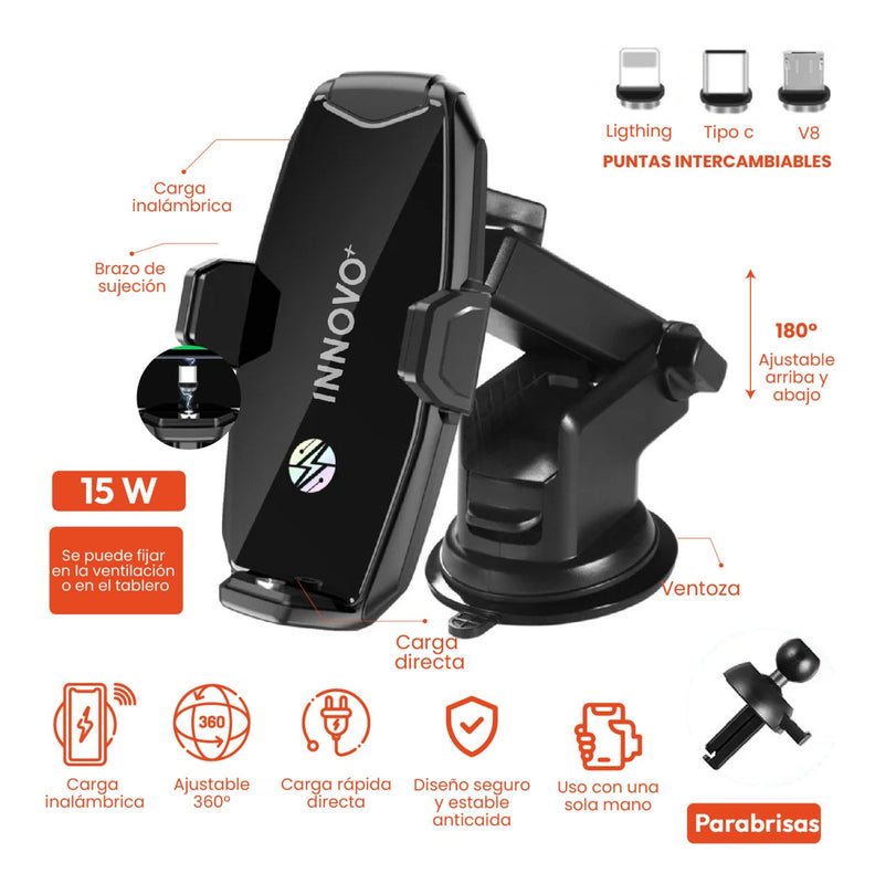 Holder Para Carro Premium Carga Inalambrica Todo En 1 / 15W Negro