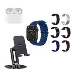 Combo Smartwatch Sport V11 Classic Suit 7 Pulsos Negro Con Audifonos Y Soporte Giratorio Celular