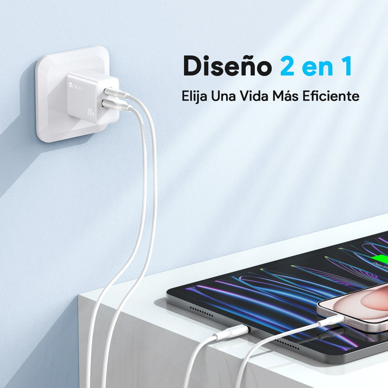 Cargador 20W Salida Dual Carga Rapida Y Cable Compatible Con Iphone 11/12/13/14, Cubo Compatible Con Samsung/Motorola/Oppo 1Hora Gar163 Color Blanco
