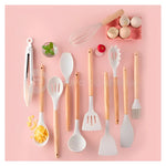 Combo Platero Escurridor Mangos Madera + Set Utensilios X19 Piezas En Silicona + Obsequio Triturador De Ajo