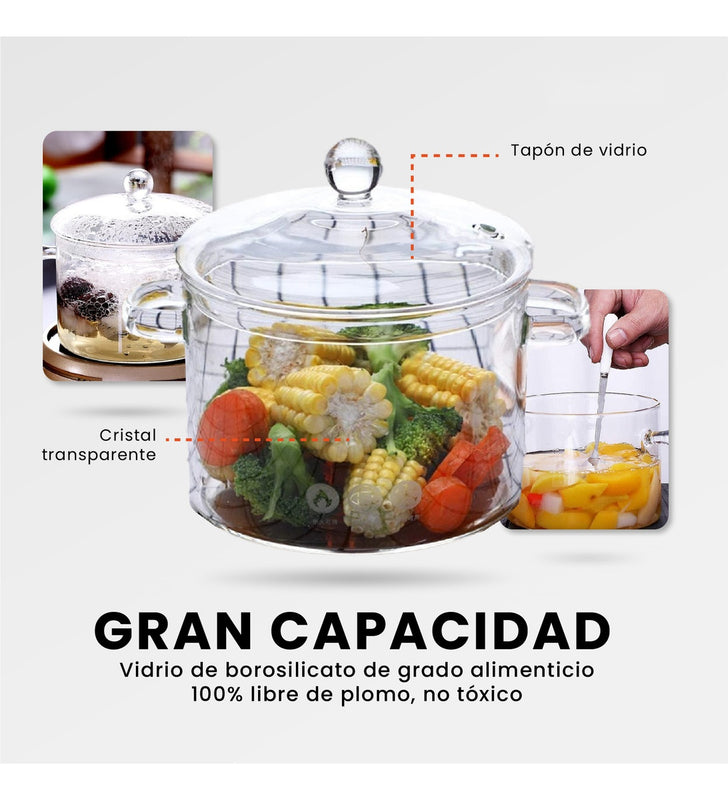 Olla De Vidrio Templado 1500 Ml Transparente Para Altas Temperaturas