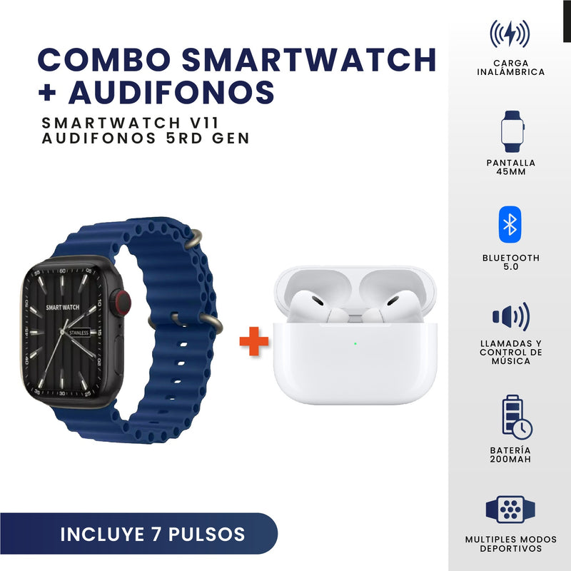 Combo Smartwatch Sport V11 Classic Suit 7 Pulsos Negro Con Audifonos Y Soporte Giratorio Celular