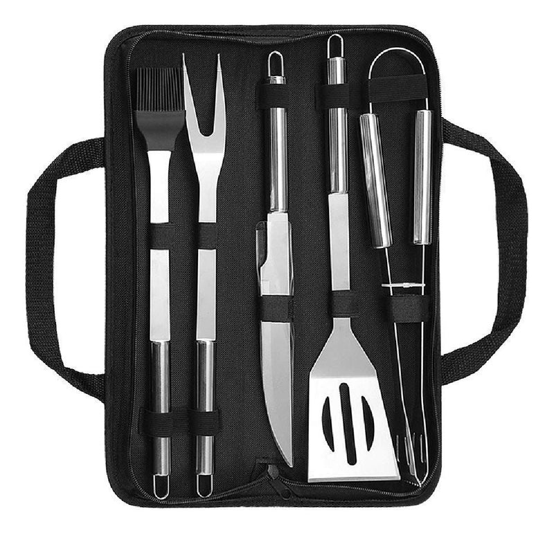 Set Kit Basico De Asado Bbq En Acero Inoxidable Con Estuche X6 Piezas
