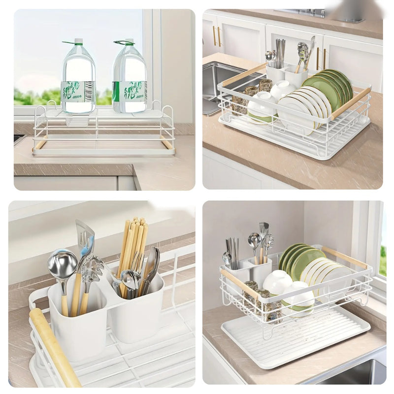 Combo Platero Escurridor Mangos Madera + Set Utensilios X19 Piezas En Silicona + Obsequio Triturador De Ajo