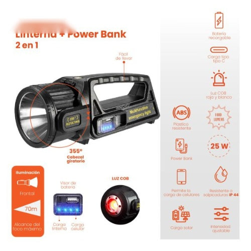 Linterna Multifuncional 10-1 Panel Solar Doble Lente 8000Lm