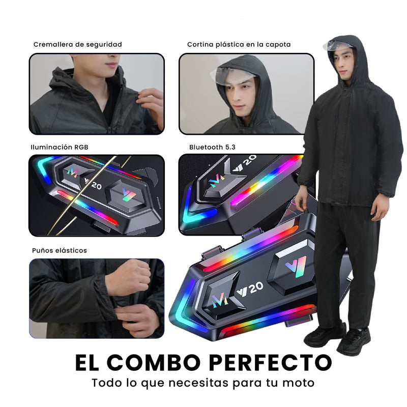 Impermeable Motero Talla L Con Intercomunicador Bluetooth Y20 Manos Libres