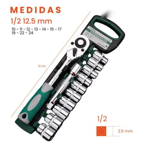 Juego De Herramienta Manual Copas Rachet Extensor 12 Pz Chrome Vanadium Germany