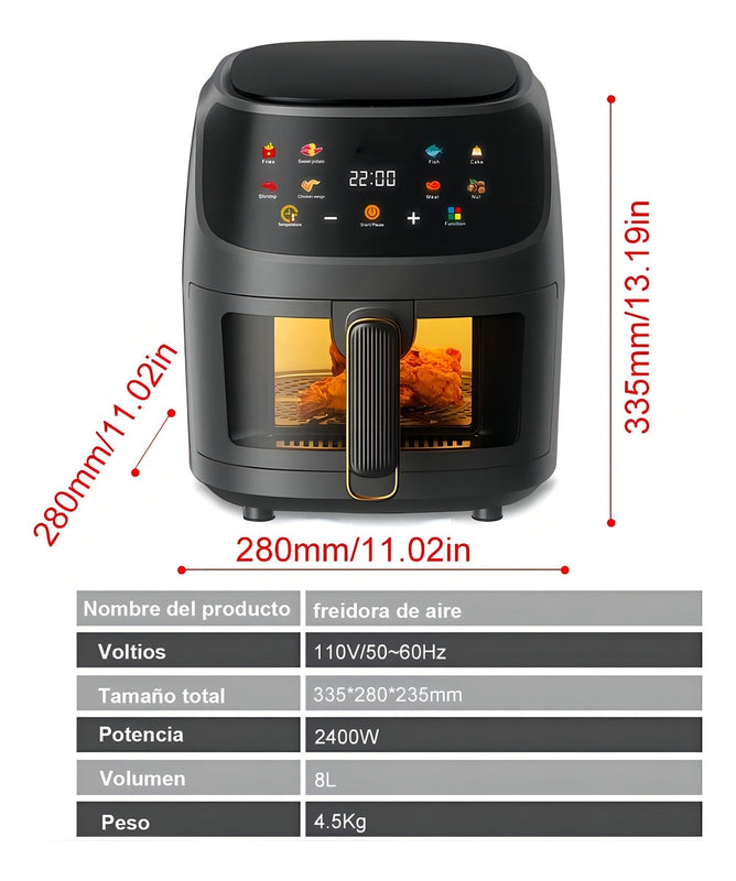 Electrica 8L Freidora De Aire Sin Aceite Horno Visua 2400W Color Negro
