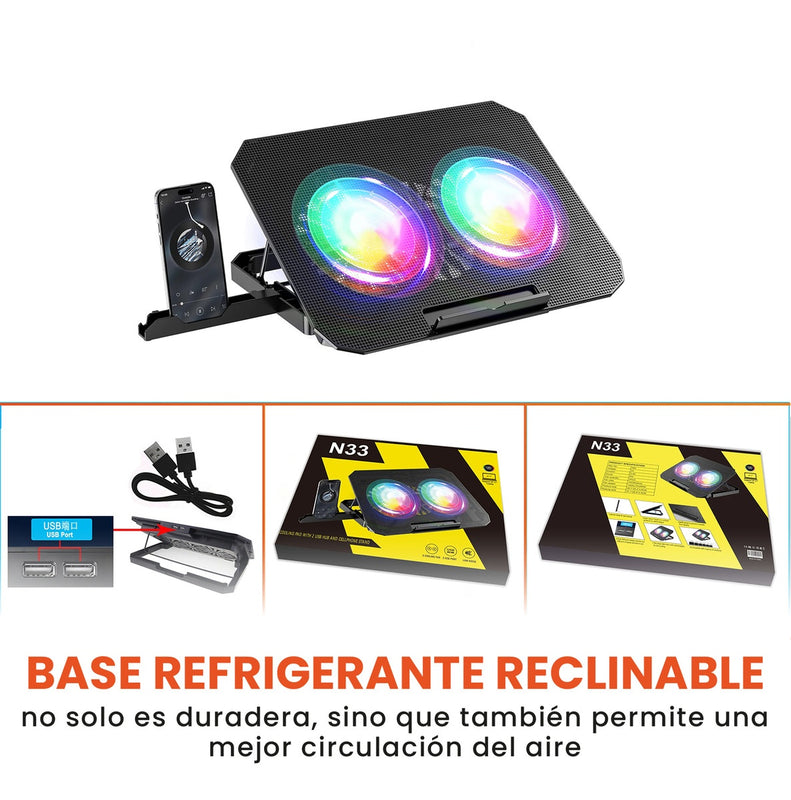 Base Refrigerante Doble Ventilador Soporte Para Computador Laptop Hasta 18>> Ajustable