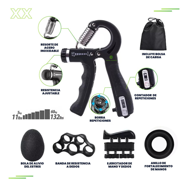 Hand Grip Ejercitador Ajustable 5 A 60 Kg Kit Todo En 1