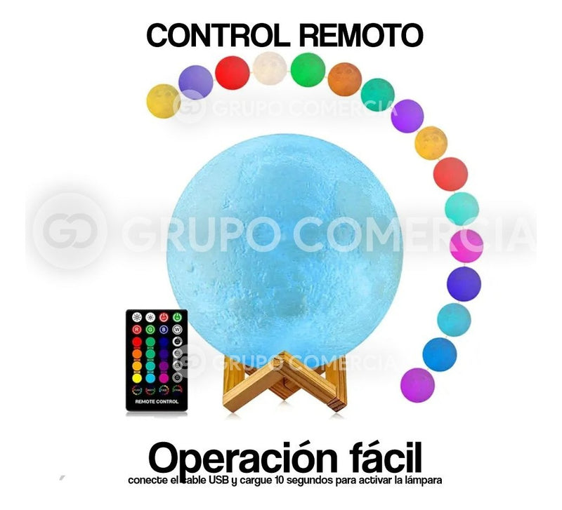 Lampara Luna 3D Recargable Colores Galaxia Base + Control