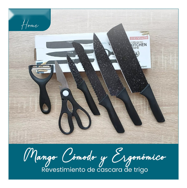 Set De Cuchillos 6 Piezas Kitchen Knife Negro Con Pelador De Papa