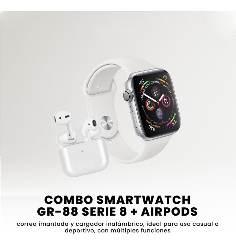 Smartwatch Gr88 Doble Pulso Blanco Imantado Series 8 Sport Con Audifonos Recargables