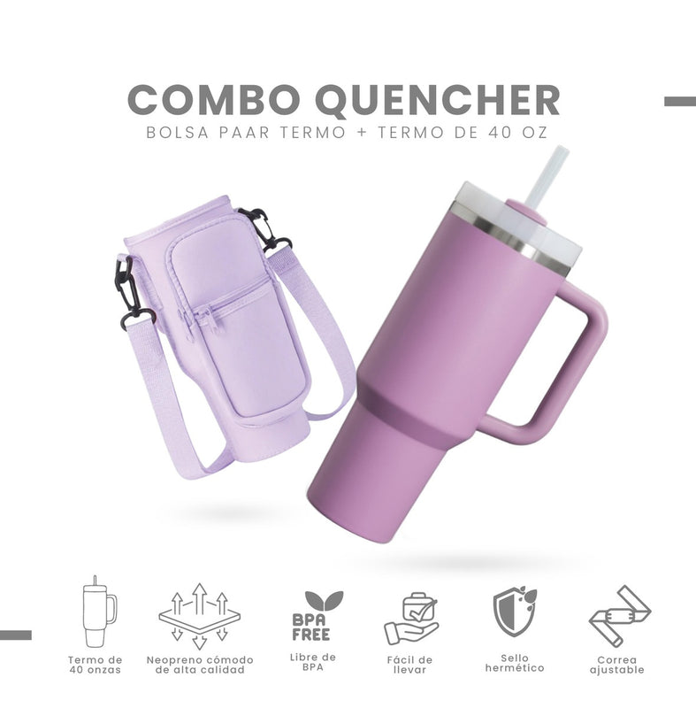 Termo Acero Inoxidable 40Oz Con Funda Bolso Porta Termo Correa Ajustable Compartimentos Lila