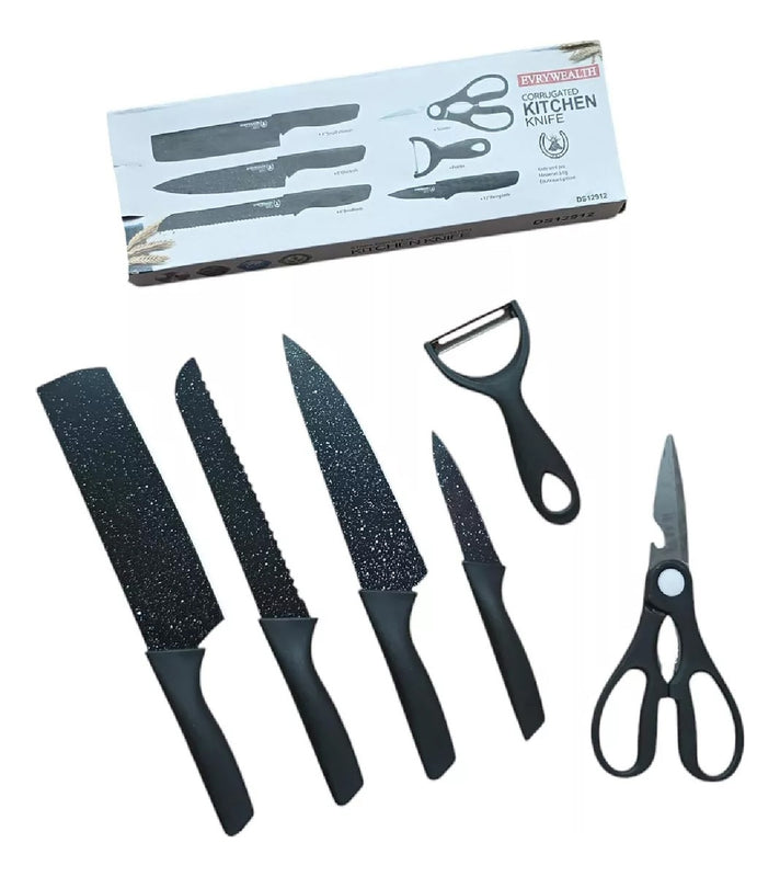 Set De Cuchillos 6 Piezas Kitchen Knife Negro Con Pelador De Papa