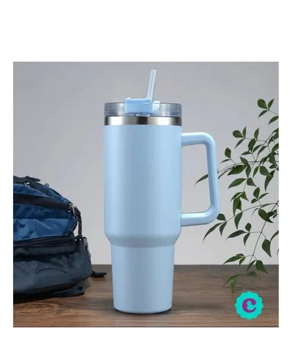 Termo Vaso Conserva Temperatura 1.2 L Acero Inoxidable Con Pitillo Azul Flask