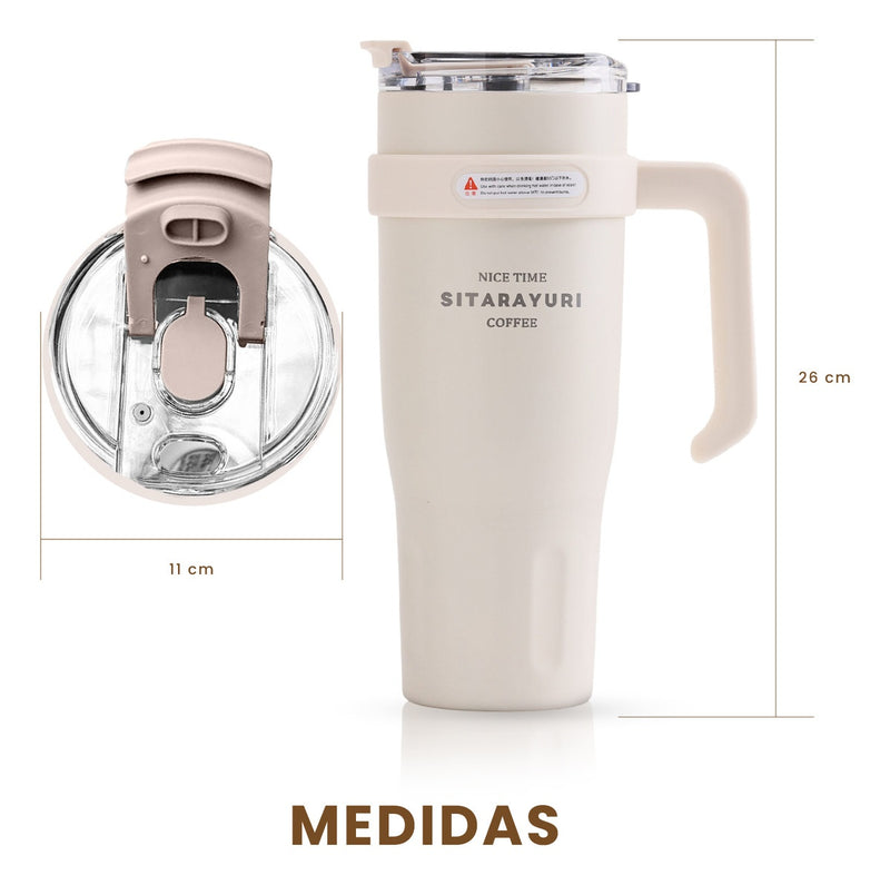 Termo Acero Inoxidable 900Ml Premium Sitarayuri Doble Boquilla Frio/Calor Coffee Beige