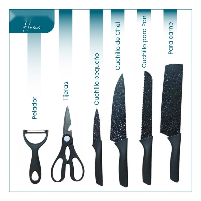 Combo Set Cuchillos Negros + Tabla De Picar Descongelar Carne