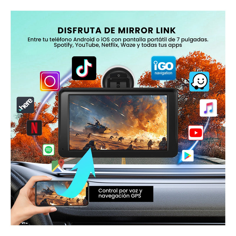Gps Portatil Carplay & Android Auto Inalambrico 7 Pantalla Tactil Hd Camara Reversa Universal