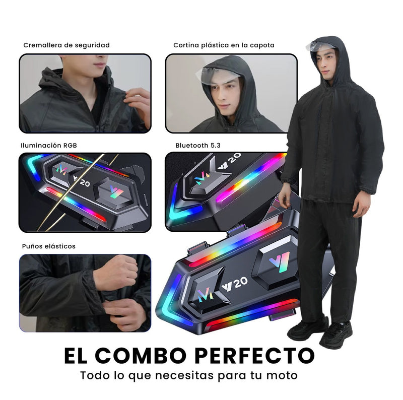 Impermeable Motero Talla L Con Intercomunicador Bluetooth Y20 Manos Libres