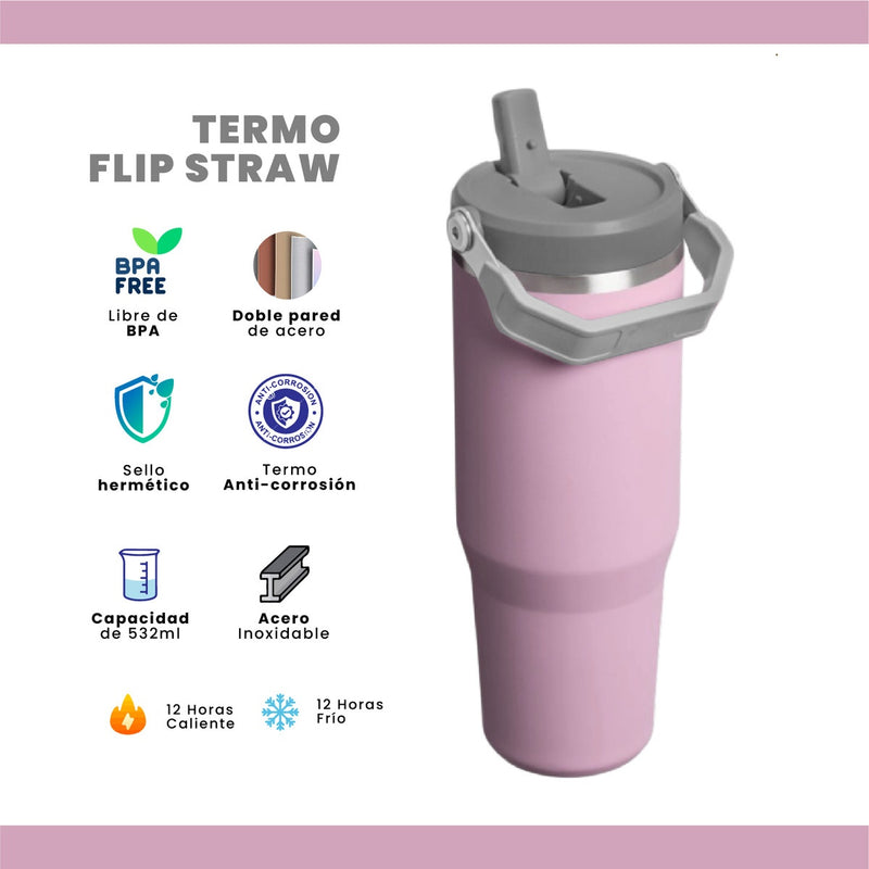 Termo Acero Inoxidable 900Ml Flip Straw Antiderrames Frio Calor Lila