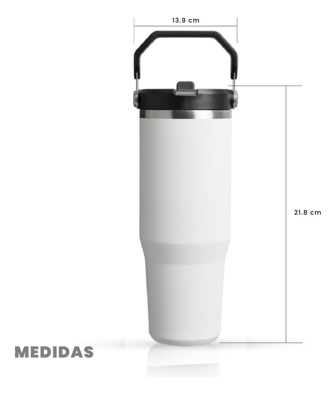 Termo Acero Inoxidable 900Ml Flip Straw Antiderrames Frio Calor Blanco