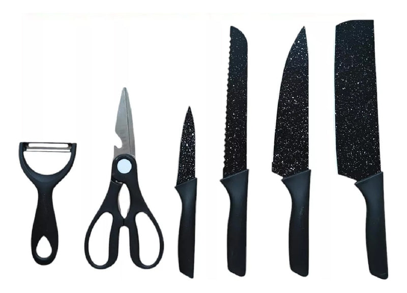 Set De Cuchillos 6 Piezas Kitchen Knife Negro Con Pelador De Papa