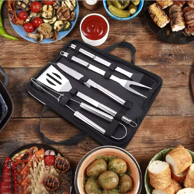 Set Kit Basico De Asado Bbq En Acero Inoxidable Con Estuche X6 Piezas