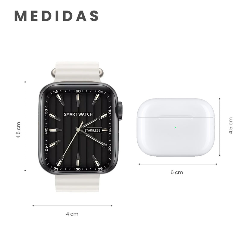 Combo Smartwatch Sport V11 Classic Suit 7 Pulsos Beige Con Audifonos Y Soporte Giratorio Celular
