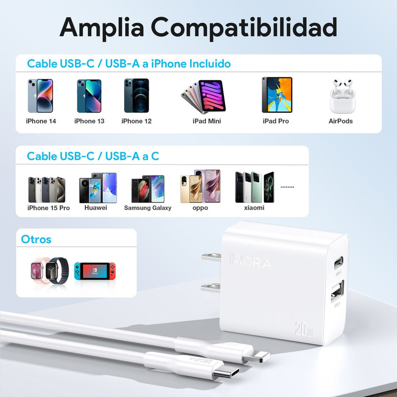 Cargador 20W Salida Dual Carga Rapida Y Cable Compatible Con Iphone 11/12/13/14, Cubo Compatible Con Samsung/Motorola/Oppo 1Hora Gar163 Color Blanco