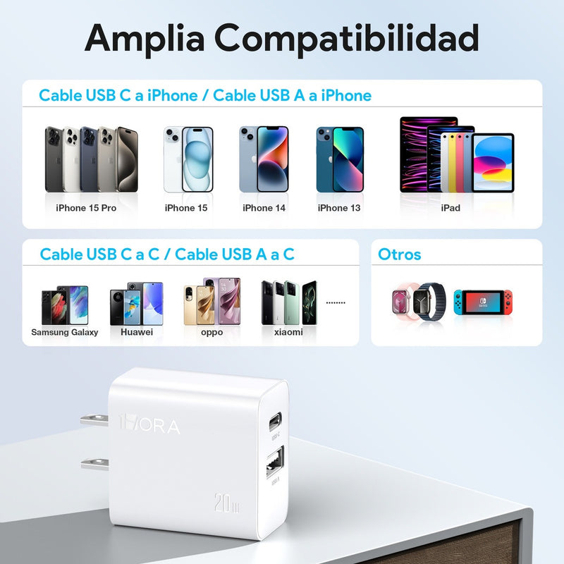 Cargador 1Hora Gar161B Usb Y Tipo C De Pared Carga Rapida Blanco