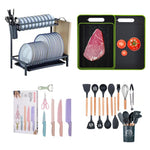 Combo Cook Home Escurridor De Platos 2 Niveles Tabla De Picar Set De Cuchillos X6 Y Set De Utensilios X12 Piezas