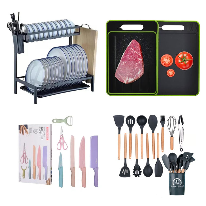 Combo Cook Home Escurridor De Platos 2 Niveles Tabla De Picar Set De Cuchillos X6 Y Set De Utensilios X12 Piezas