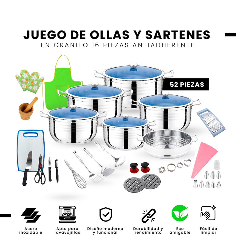Juego De Ollas 52 Piezas Acero Quirurgico Cocina Completa Madena