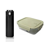 Combo Green Porta Comidas Refractaria Doble Compartimiento Verde Y Termo Botella Digital Negro 420Ml