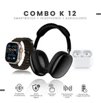 Combo K12 Smart Watch 7 Pulsos Negro V5.3 Wireless Con Audifonos Tactil Y Audifonos Diadema