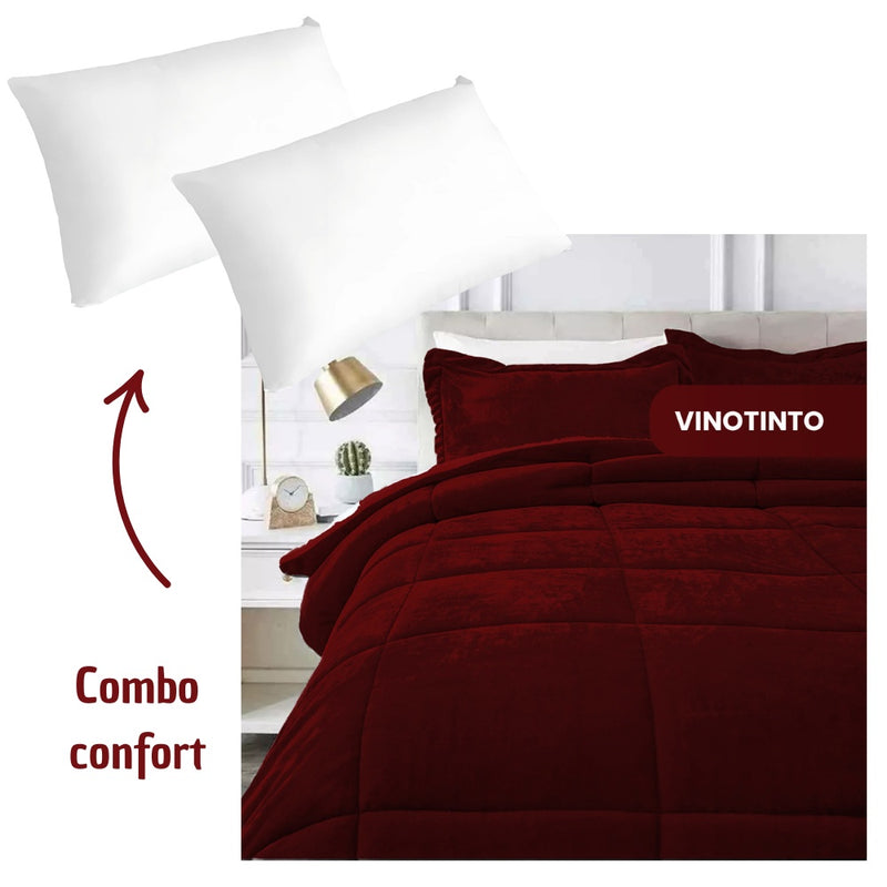 Combo Cubrelecho Termico Ovejero Doble Funda + 2 Almohadas Confort Siliconada