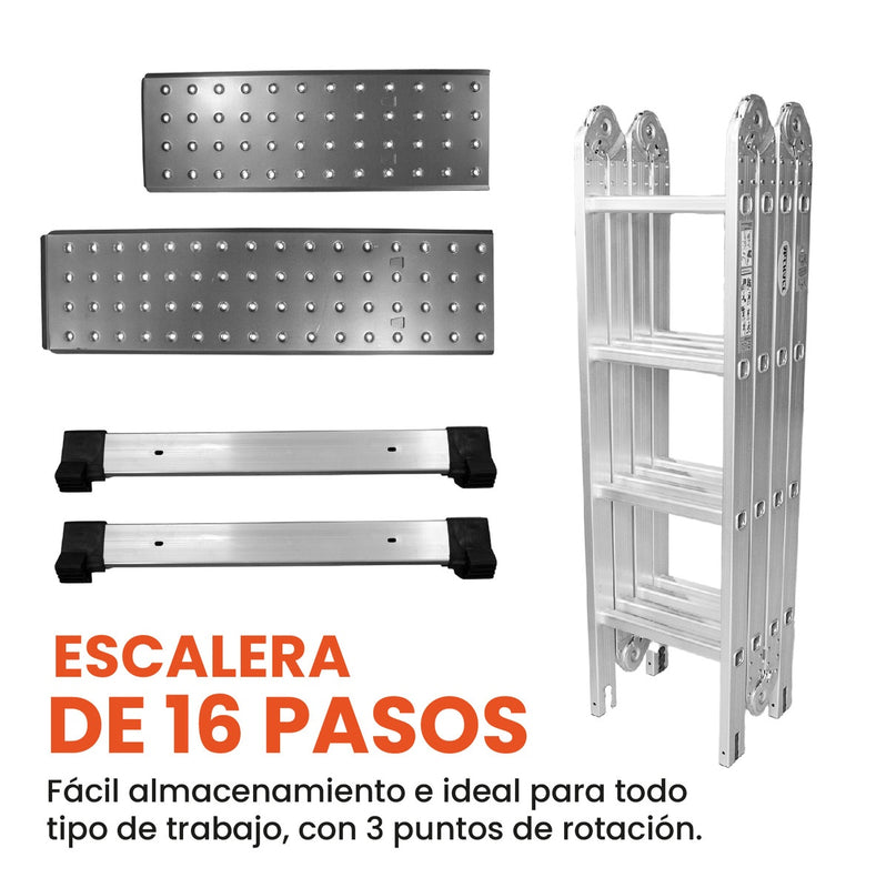 Escalera Todo En 1 Multifuncion 16 Pasos Ajustable Aluminio Practica Resiste 150 Kilos Multifuncional