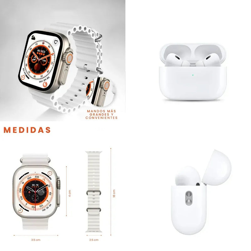 Doble Combo Smartwatch T8 Ultra Plus + Audifonos Airpods Pro (Segunda Generacion) Full Calidad 1.1