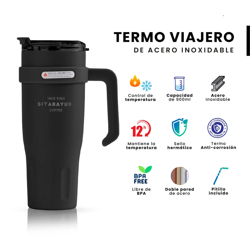 Termo Acero Inoxidable 900Ml Premium Sitarayuri Doble Boquilla Frio/Calor Coffee Negro