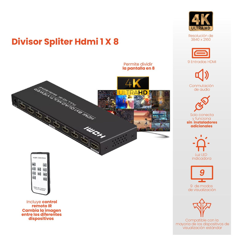 Splitter Controlador Hdmi 8 Pantallas 8X1 4K Control Remoto