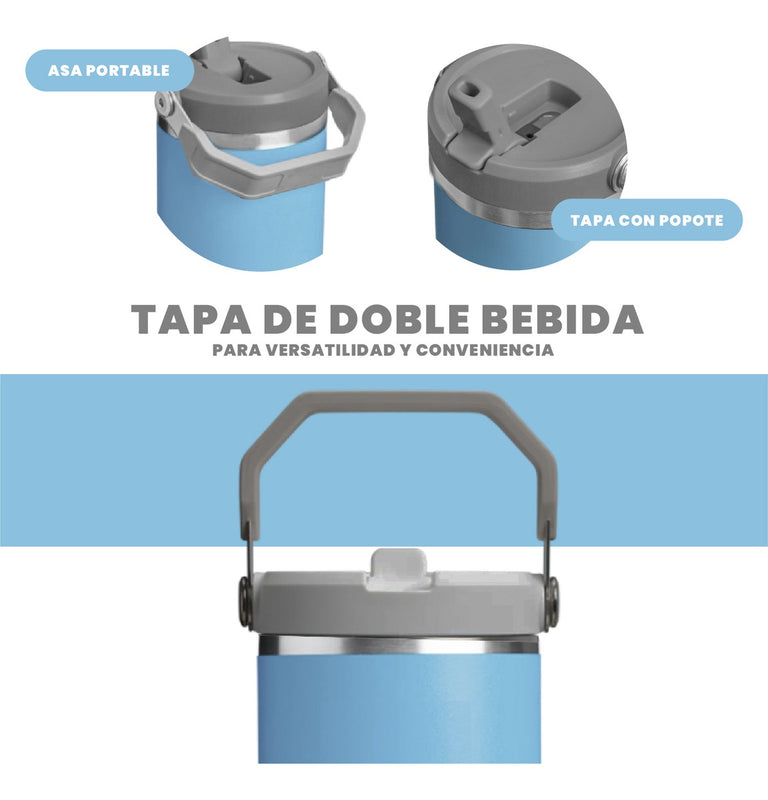 Termo Acero Inoxidable 900Ml Flip Straw Antiderrames Frio Calor Azul