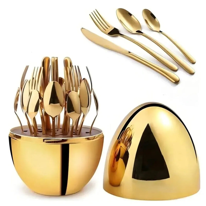 Juego De Cubiertos 24Pcs Acero Inoxidable Gold Estuche Huevo Color Dorado