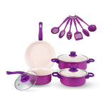 Juego De Ollas Con Tapa Vidrio Esmaltada Con Utensilios 13 Piezas Morado