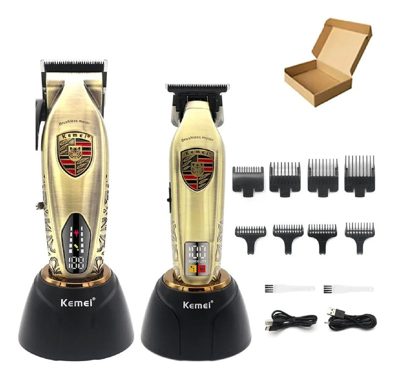 Duo Maquina Peluquera + Patillera Profesional Digital Kemei