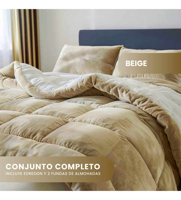 Cubrelecho Ovejero Cama Queen Suave Reversible 2 Fundas Premium Beige