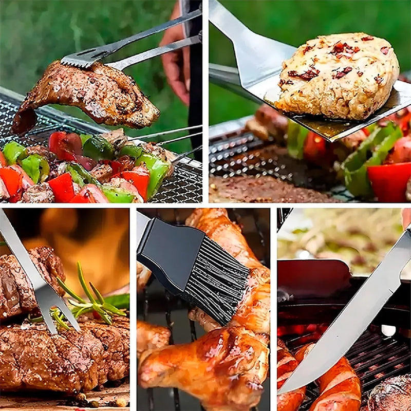 Set Kit Basico De Asado Bbq En Acero Inoxidable Con Estuche X6 Piezas