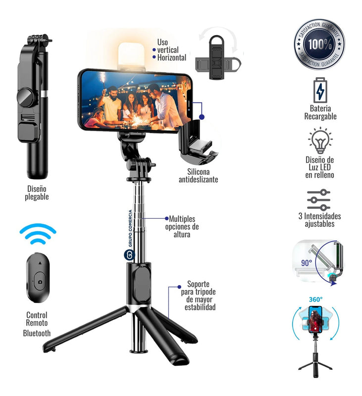Tripode Para Celular Selfie 4 En 1 Con Bluetooth Rosado Luz